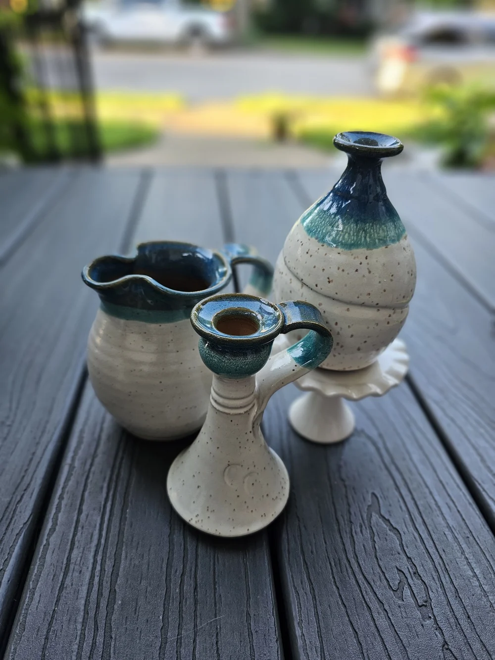 Vintage Watts Studio Art Pottery 3pc Set Indian Mountain Blue Glaze Pitcher Vase